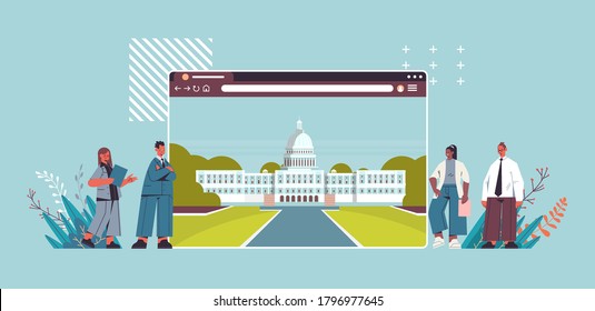 politicians team near american digital government building in web browser window White House Washington DC horizontal full length vector illustration