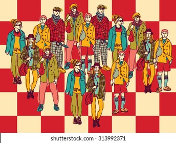 Politics chessboard group people color. Casual people on the chess board like metaphor of  politics. Color vector illustration. EPS8 