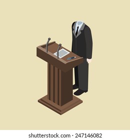 Politics concept faceless headless body on tribune flat 3d web isometric infographic vector. Symbol of impersonal politic leader without head speech. Creative people collection.