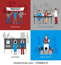 Politics concept icons set with elections and opposition symbols flat isolated vector illustration 