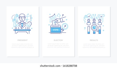 Politics concept - line design style banners set. Thin linear illustrations with place for your text. President speaking at the rostrum, election and analytics of the results. Ballot box, diagrams