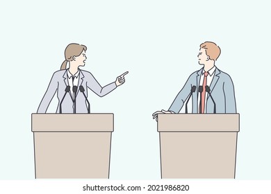 Politics debates and arguing concept. Young angry man and woman politicians standing at speakers tribunes arguing fighting with each other vector illustration 
