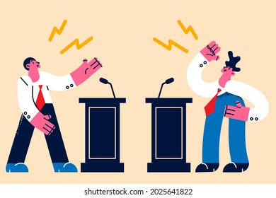 Politics debates and public fighting concept. Young angry men politicians standing at speakers tribunes arguing fighting with each other with rage and emotions vector illustration 