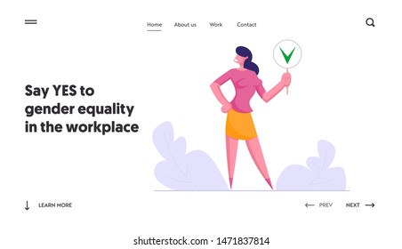 Politics Decision, Public Relations Website Landing Page, Businesswoman Hold Sign with Green Check Mark, Yes Symbol, Social Opinion, Voting, Election Web Page. Cartoon Flat Vector Illustration, Banner