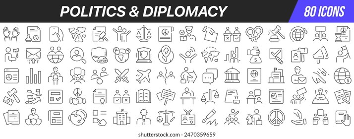 Politics and diplomacy line icons collection. Big UI icon set in a flat design. Thin outline icons pack. Vector illustration EPS10