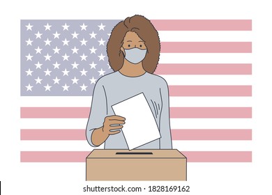 Politics, election, usa, voting concept. United States of America elections 2020 illustration. Young african american woman cartoon character with medical face mask putting vote ballot in bulletin box