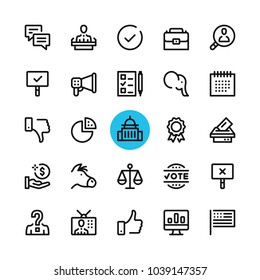 Politics, elections, government line icons set. Modern graphic design concepts, simple outline elements collection. 32x32 px. Pixel perfect. Vector line icons