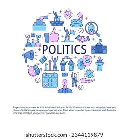 Politics and elections round banner with place for text. Political candidates and voting symbols. Vector illustration.