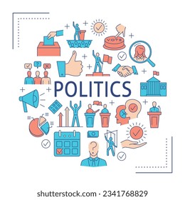 Politics and elections round poster. Political candidates and voting symbols. Vector illustration.