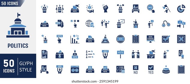 Politics flat icon set. Containing as democracy, vote, government, voting, campaign, political, candidate, president and more. Vector illustration
