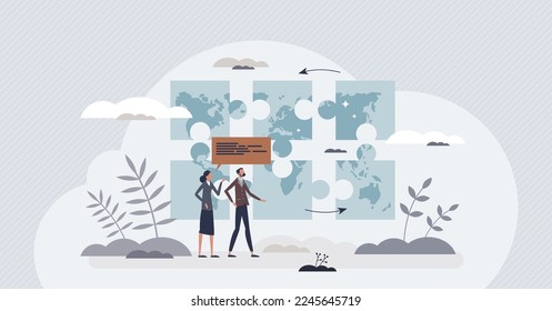 Politics as global diplomatic relationship for countries tiny person concept. International migration and citizen movement to other lands vector illustration. Political foreign influence and interest.