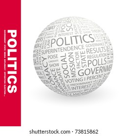 POLITICS. Globe with different association terms. Wordcloud vector illustration.