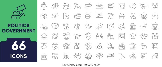Política e Governo Conjunto de Ícones de Linha. Conjunto de 66 ícones principais, incluindo parlamento, votação, lei, política, serviço público, liderança e constituição. Traçado editável. Ilustração de vetor linear.
