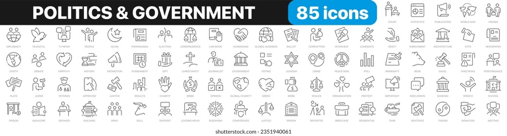 Politics and government line icons collection. Voting, power, corruption, law icons. UI icon set. Thin outline icons pack. Vector illustration EPS10