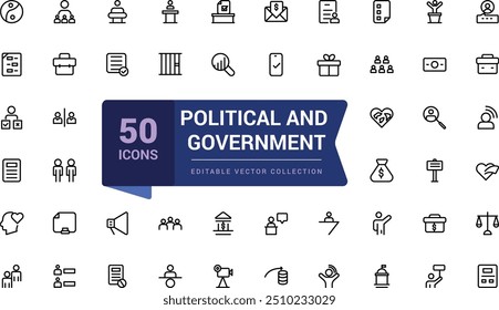 Politics and government line icons collection. Voting, power, corruption, law icons. Pixel perfect, minimalistic web and UI icon. Outline icon collections.