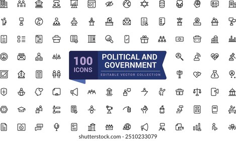 Politik und Regierung Linie Icons Sammlung. Stimmabgabe, Macht, Korruption, Gesetzessymbole. Pixel perfekt, minimalistische Web-und UI-Symbol. Gliederungssymbolsammlungen.