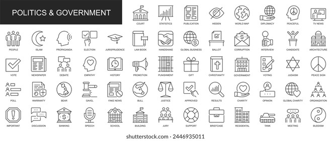 Politics and government web icons set in thin line design. Pack of statistics, diplomacy, tv news, debate, election, corruption, ballot, vote, other outline stroke pictograms. Vector illustration.