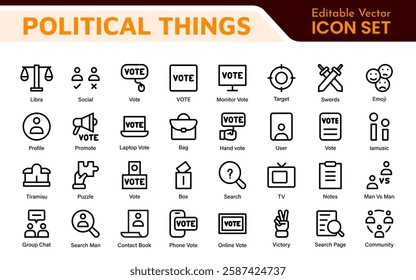 Politics Icon Set: A comprehensive collection of icons representing political themes, perfect for enhancing campaign materials, educational resources, and civic engagement initiatives.