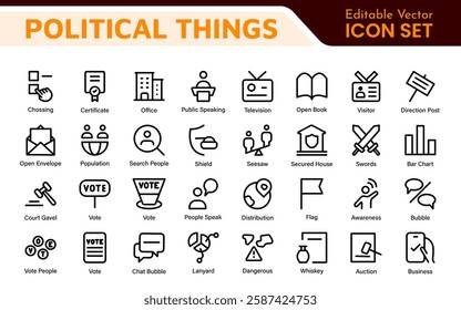 Politics Icon Set: A comprehensive collection of icons representing political themes, perfect for enhancing campaign materials, educational resources, and civic engagement initiatives.