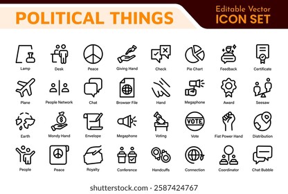 Politics Icon Set: A comprehensive collection of icons representing political themes, perfect for enhancing campaign materials, educational resources, and civic engagement initiatives.