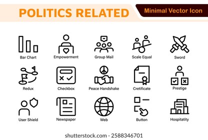Politics Icon Set: A comprehensive collection of icons representing political themes, perfect for enhancing campaign materials, educational resources, and civic engagement initiatives.
