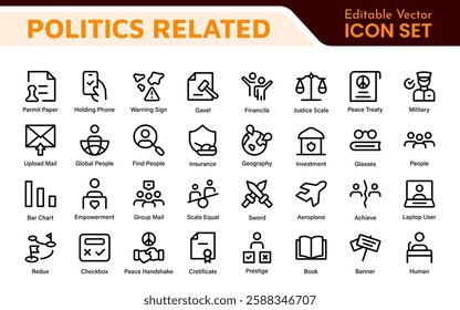 Politics Icon Set: A comprehensive collection of icons representing political themes, perfect for enhancing campaign materials, educational resources, and civic engagement initiatives.