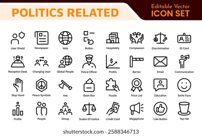 Politics Icon Set: A comprehensive collection of icons representing political themes, perfect for enhancing campaign materials, educational resources, and civic engagement initiatives.