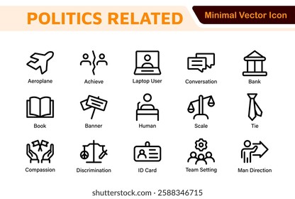 Politics Icon Set: A comprehensive collection of icons representing political themes, perfect for enhancing campaign materials, educational resources, and civic engagement initiatives.