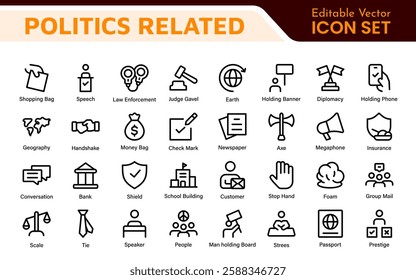 Politics Icon Set: A comprehensive collection of icons representing political themes, perfect for enhancing campaign materials, educational resources, and civic engagement initiatives.