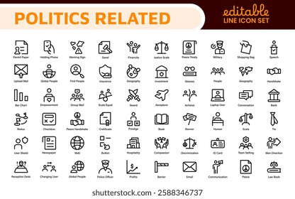 Politics Icon Set: A comprehensive collection of icons representing political themes, perfect for enhancing campaign materials, educational resources, and civic engagement initiatives.
