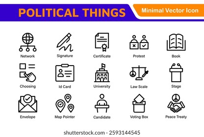 Politics Icon Set: A comprehensive collection of icons representing political themes, perfect for enhancing campaign materials, educational resources, and civic engagement initiatives.