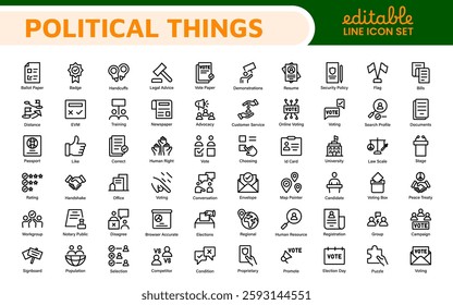 Politics Icon Set: A comprehensive collection of icons representing political themes, perfect for enhancing campaign materials, educational resources, and civic engagement initiatives.