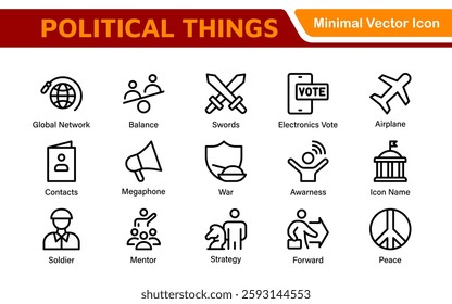 Politics Icon Set: A comprehensive collection of icons representing political themes, perfect for enhancing campaign materials, educational resources, and civic engagement initiatives.