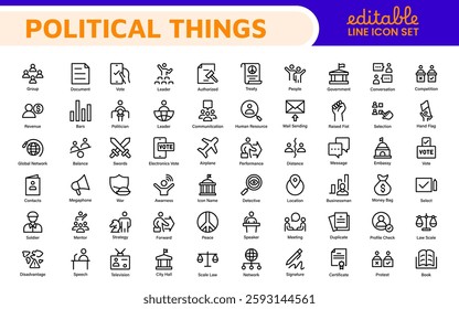 Politics Icon Set: A comprehensive collection of icons representing political themes, perfect for enhancing campaign materials, educational resources, and civic engagement initiatives.