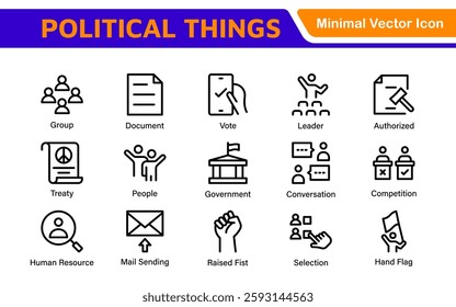 Politics Icon Set: A comprehensive collection of icons representing political themes, perfect for enhancing campaign materials, educational resources, and civic engagement initiatives.