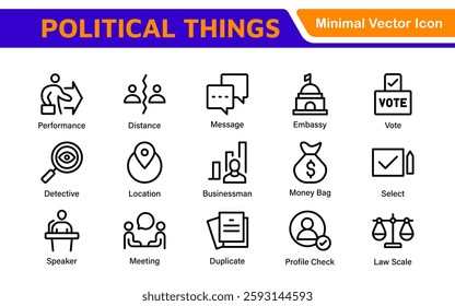 Politics Icon Set: A comprehensive collection of icons representing political themes, perfect for enhancing campaign materials, educational resources, and civic engagement initiatives.