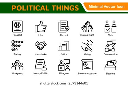 Politics Icon Set: A comprehensive collection of icons representing political themes, perfect for enhancing campaign materials, educational resources, and civic engagement initiatives.