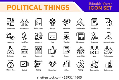 Politics Icon Set: A comprehensive collection of icons representing political themes, perfect for enhancing campaign materials, educational resources, and civic engagement initiatives.