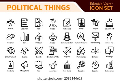 Politics Icon Set: A comprehensive collection of icons representing political themes, perfect for enhancing campaign materials, educational resources, and civic engagement initiatives.