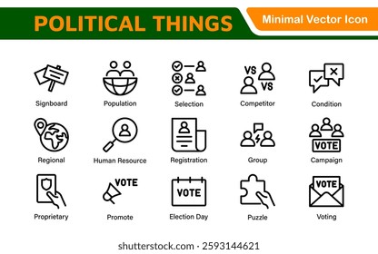 Politics Icon Set: A comprehensive collection of icons representing political themes, perfect for enhancing campaign materials, educational resources, and civic engagement initiatives.