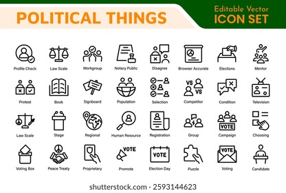 Politics Icon Set: A comprehensive collection of icons representing political themes, perfect for enhancing campaign materials, educational resources, and civic engagement initiatives.