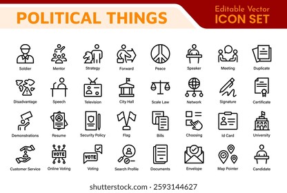 Politics Icon Set: A comprehensive collection of icons representing political themes, perfect for enhancing campaign materials, educational resources, and civic engagement initiatives.