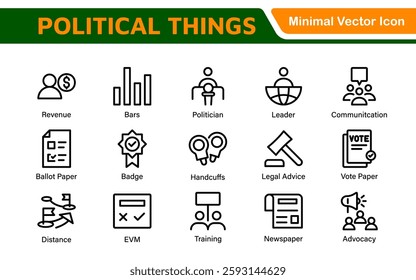 Politics Icon Set: A comprehensive collection of icons representing political themes, perfect for enhancing campaign materials, educational resources, and civic engagement initiatives.