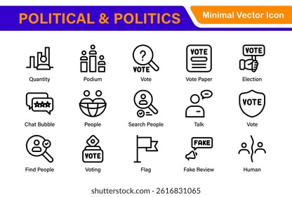 Politics Icon Set. A comprehensive collection of icons representing political themes, perfect for enhancing campaign materials, educational resources, and civic engagement initiatives.