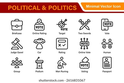 Politics Icon Set. A comprehensive collection of icons representing political themes, perfect for enhancing campaign materials, educational resources, and civic engagement initiatives.