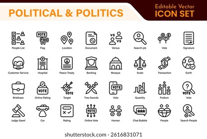 Politics Icon Set. A comprehensive collection of icons representing political themes, perfect for enhancing campaign materials, educational resources, and civic engagement initiatives.
