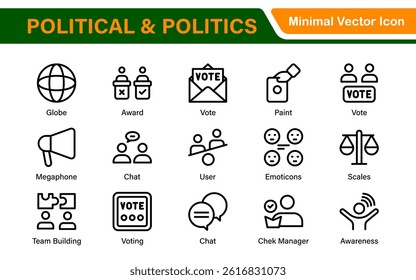 Politics Icon Set. A comprehensive collection of icons representing political themes, perfect for enhancing campaign materials, educational resources, and civic engagement initiatives.