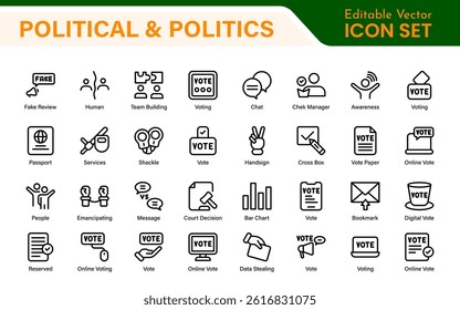 Politics Icon Set. A comprehensive collection of icons representing political themes, perfect for enhancing campaign materials, educational resources, and civic engagement initiatives.