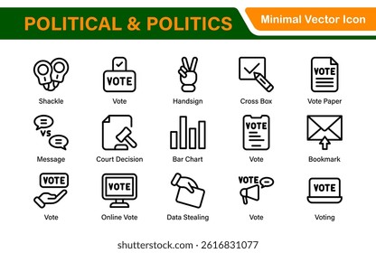 Politics Icon Set. A comprehensive collection of icons representing political themes, perfect for enhancing campaign materials, educational resources, and civic engagement initiatives.