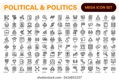 Politics Icon Set. A comprehensive collection of icons representing political themes, perfect for enhancing campaign materials, educational resources, and civic engagement initiatives.